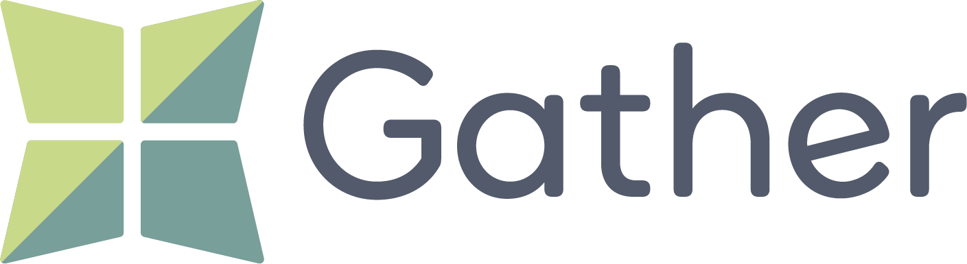 Logo featuring a stylized design with green and blue shapes alongside the word "Gather" in a modern font.